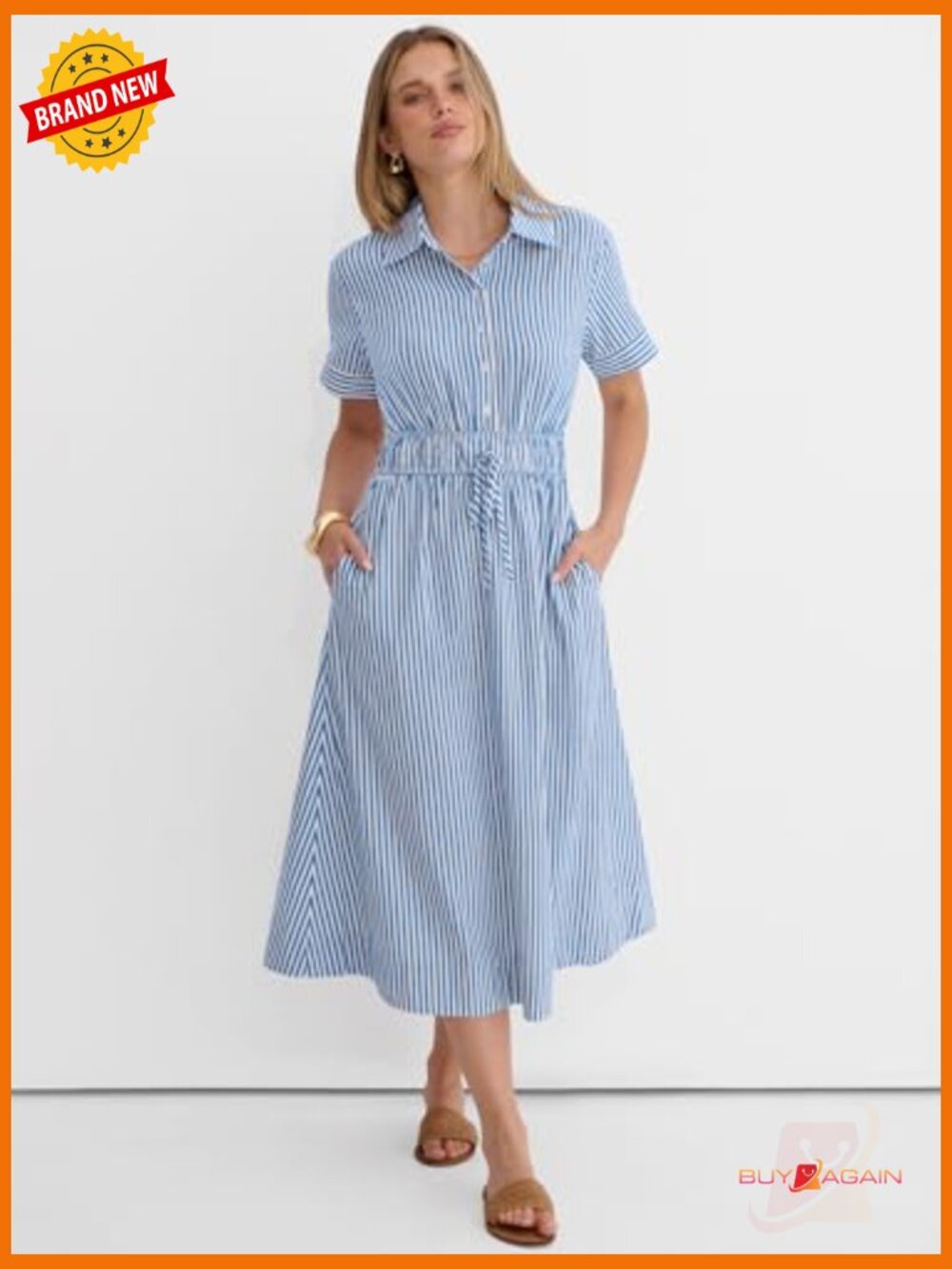 Women's Midi Dress Short Sleeve Striped Button Collar Casual Beach Dress - Picture 2 of 7